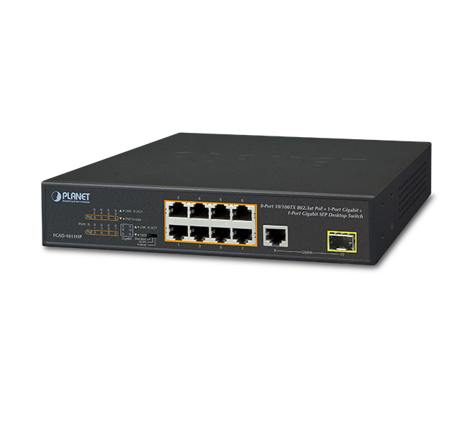 8-Port 10/100TX 802.3at PoE + 1-Port 10/100/1000T + 1-Port 100/1000X SFP Desktop Switch (120 watts)