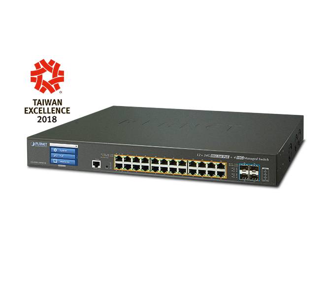L2+ 24-Port 10/100/1000T 802.3at PoE + 4-Port 10G SFP+ Managed Switch with LCD touch screen