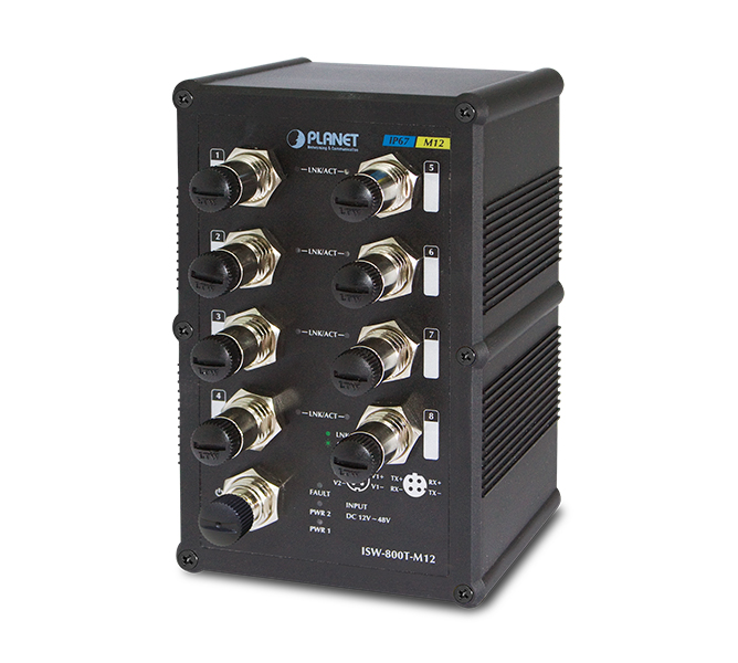 Industrial IP67 Rated 8-Port 10/100Mbps M12 Fast Ethernet Switch with Wide Operating Temperature