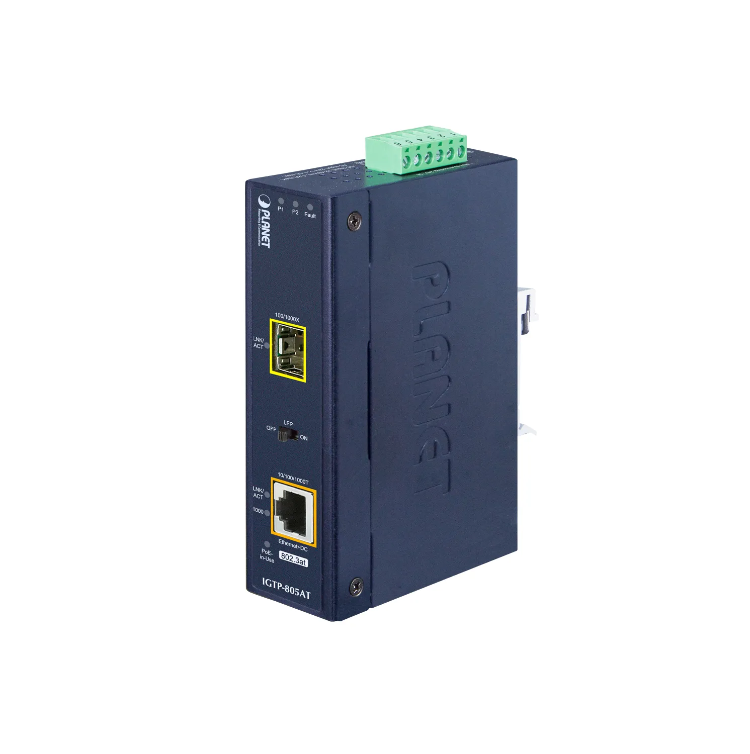 IP30 Compact size Industrial 100/1000BASE-X SFP to 10/100/1000BASE-T 802.3at PoE+ Media Converter
